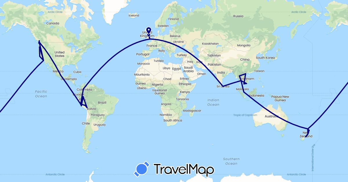 TravelMap itinerary: driving in Canada, Colombia, United Kingdom, Sri Lanka, Mexico, New Zealand, Peru, Singapore, Thailand, United States, Vietnam (Asia, Europe, North America, Oceania, South America)